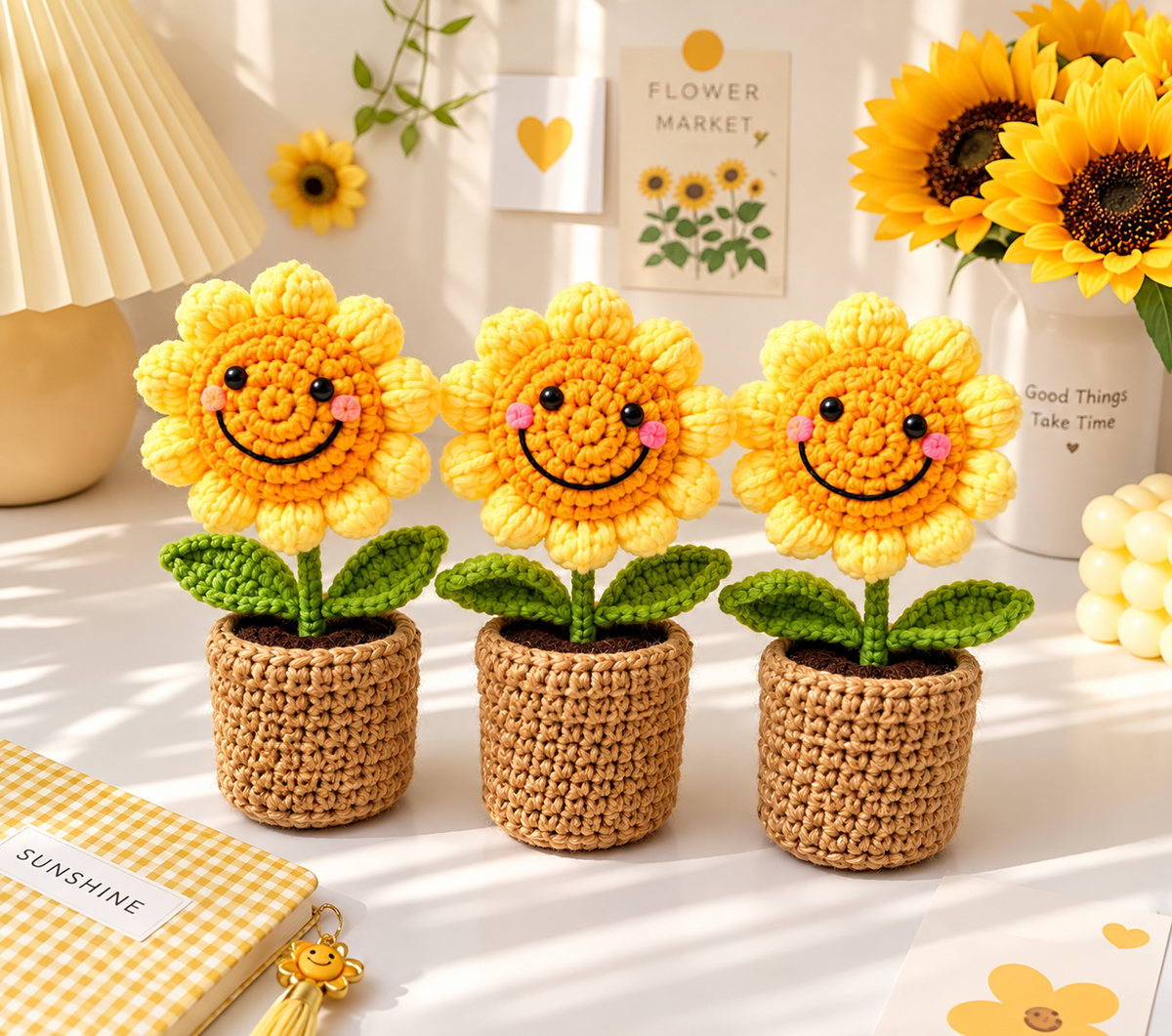 Sunflower Smiley Crochet Fridge Magnet