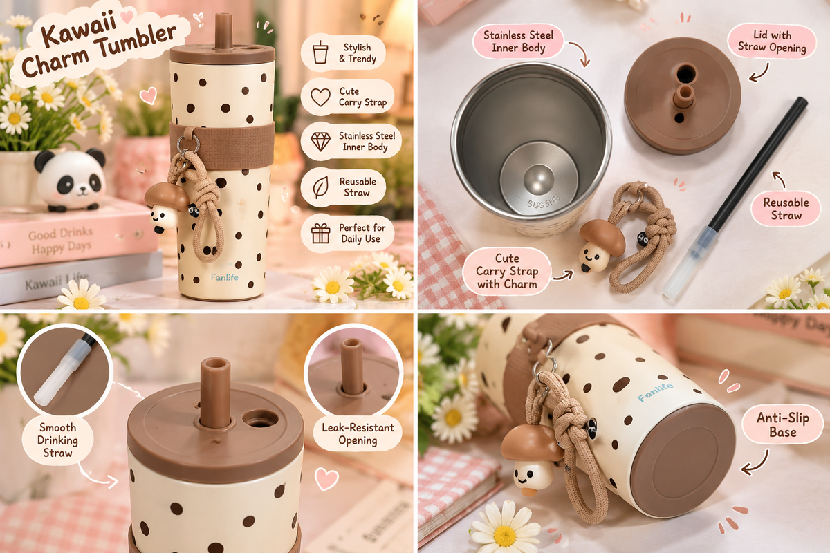 Kawaii Charm Tumbler with Straw & Strap