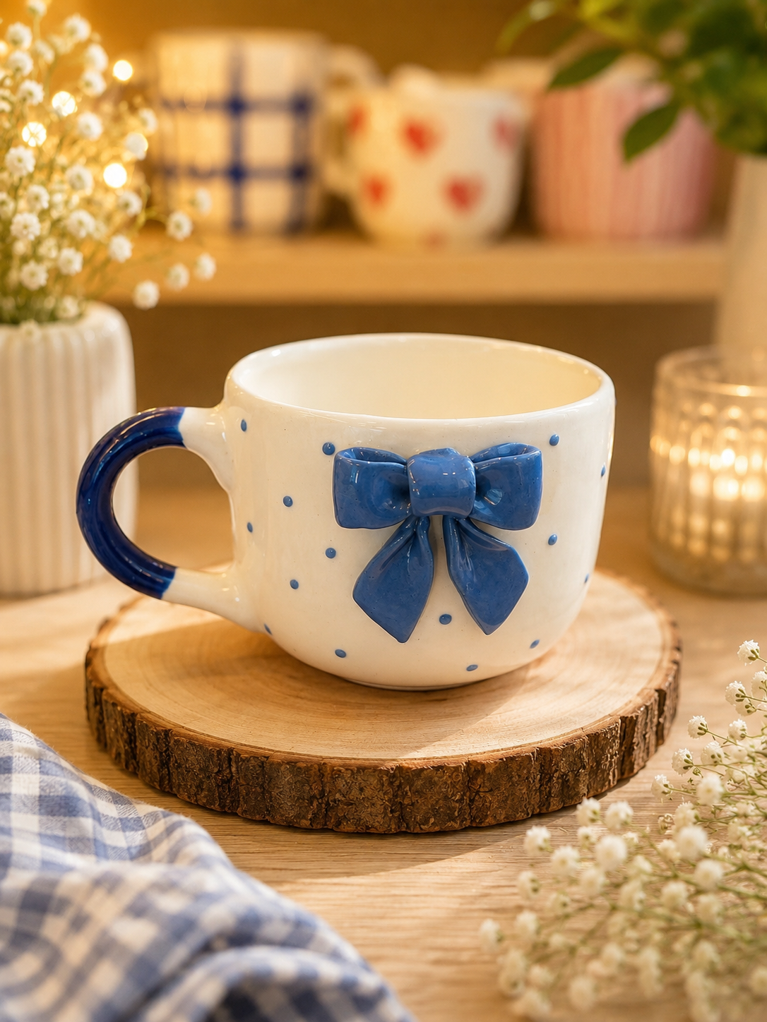 Blue bow polka dot ceramic mug