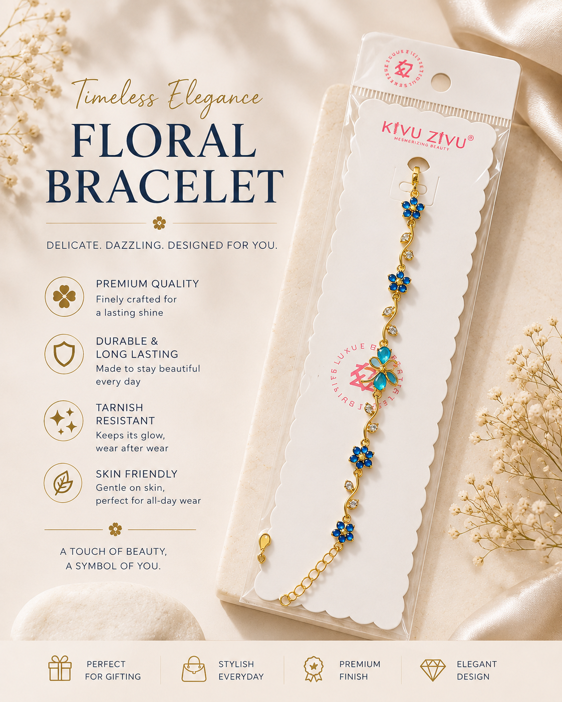 Blue floral crystal bracelet in elegant gold-tone finish