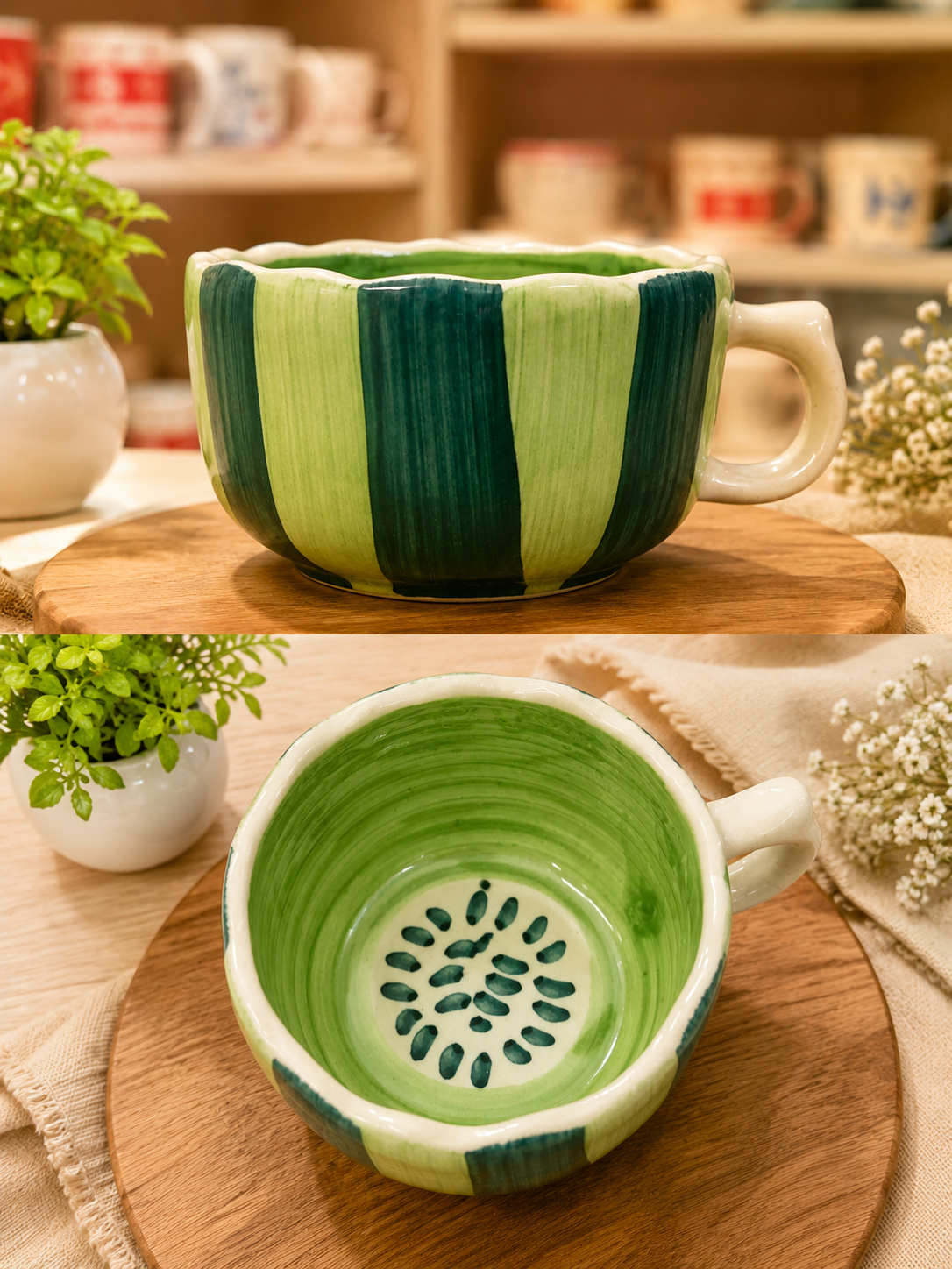 Handcrafted green striped ceramic cup