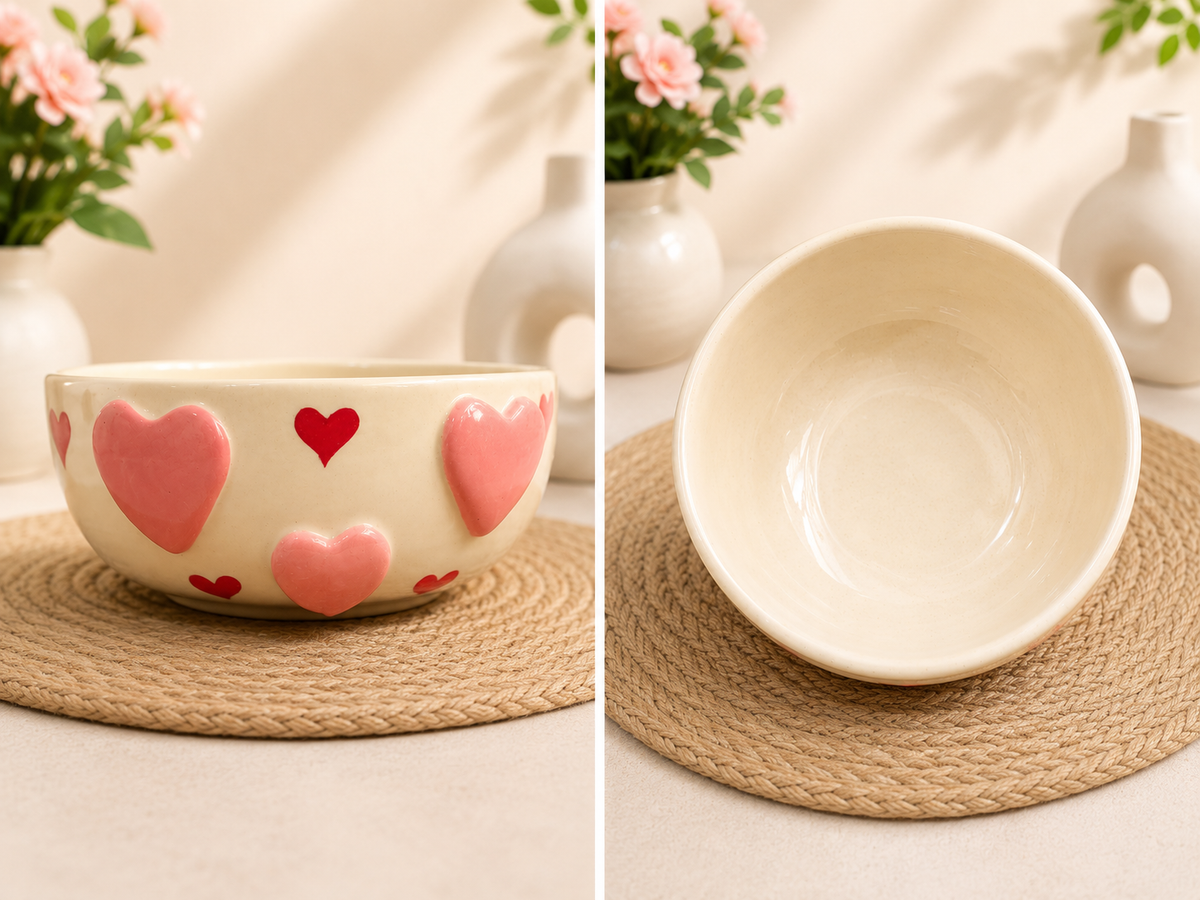 Cream ceramic bowl with raised pink and red hearts