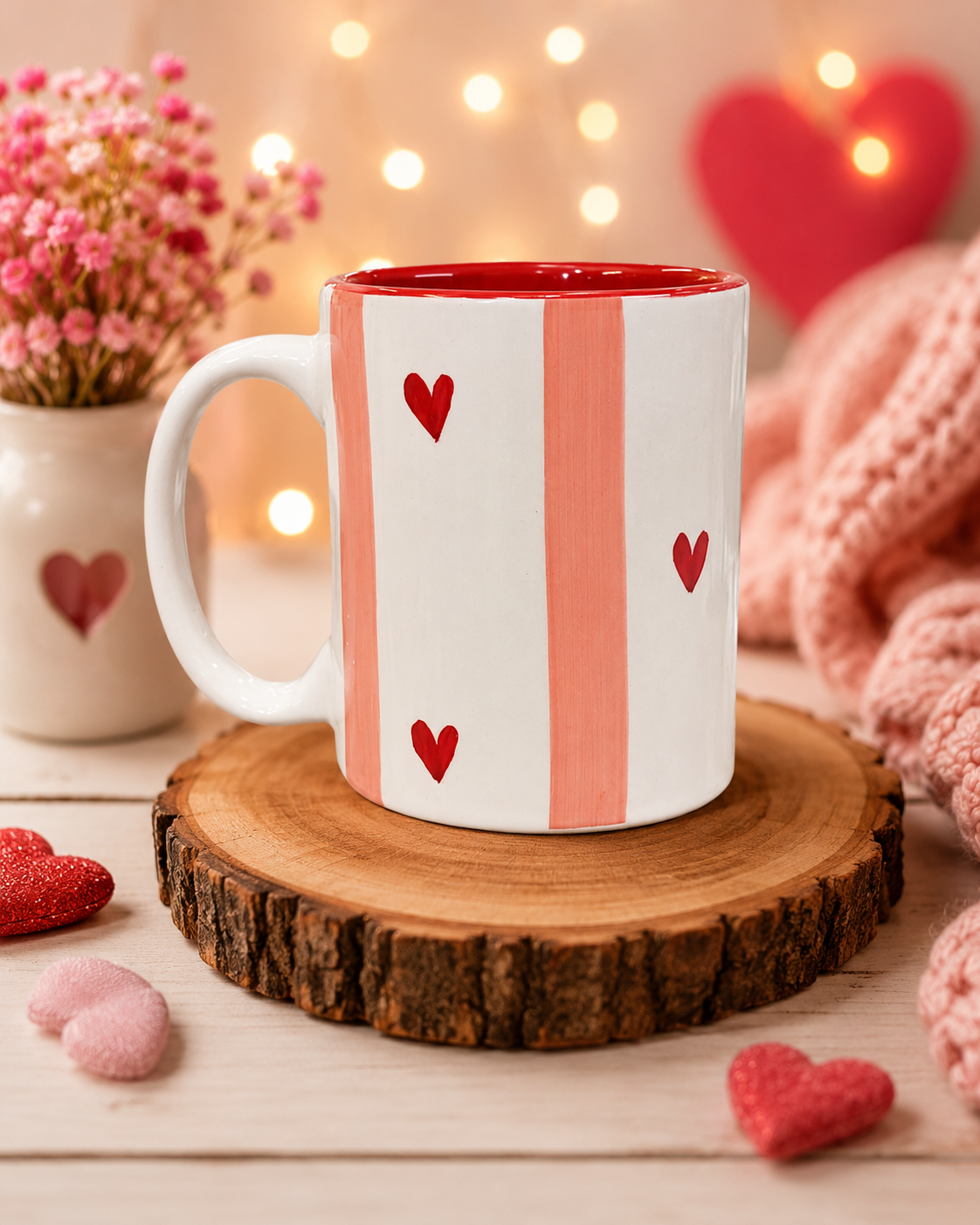Pink and white ceramic mug with red hearts and pink stripes