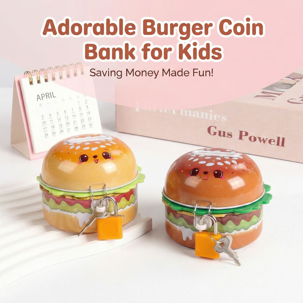 Two cute burger-shaped coin banks for kids, shown on a white surface with a pink calendar and a book in the background. The text at the top reads 'Adorable Burger Coin Bank for Kids Saving Money Made Fun!'.