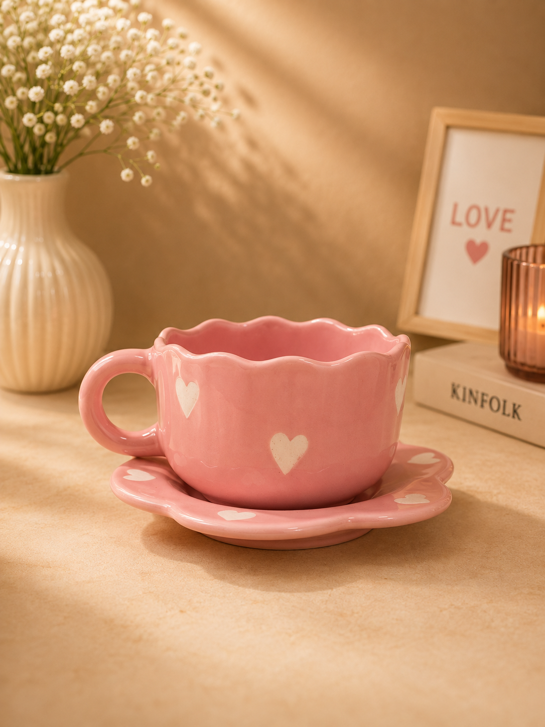 Pink Heart Ceramic Mug & Saucer Set