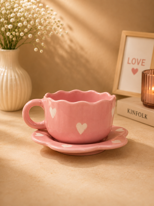 Pink Heart Ceramic Mug & Saucer Set