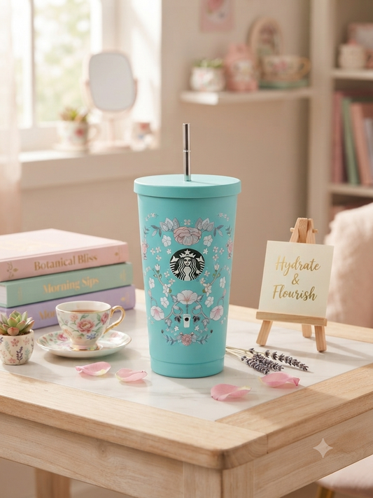 Floral Printed Turquoise Tumbler with Steel Straw(Star)