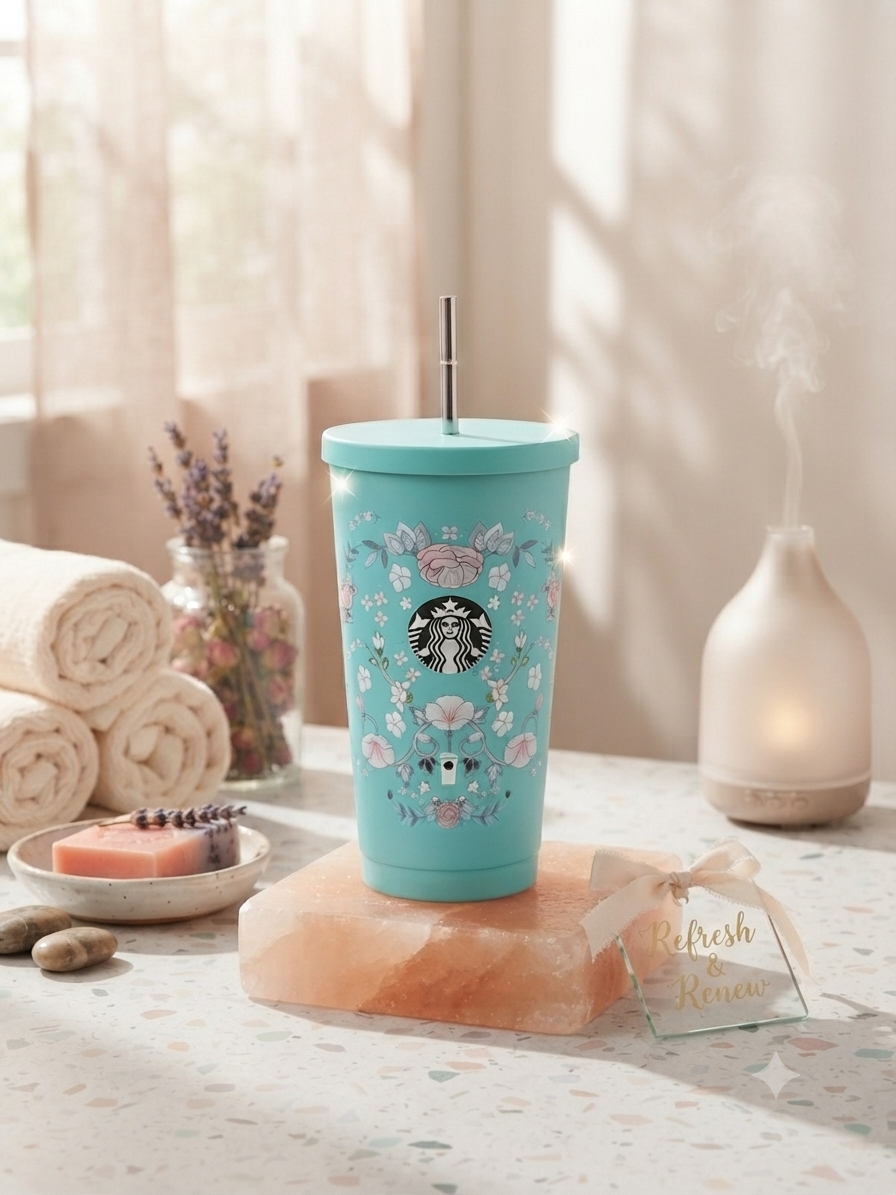 Floral Printed Turquoise Tumbler with Steel Straw(Star)