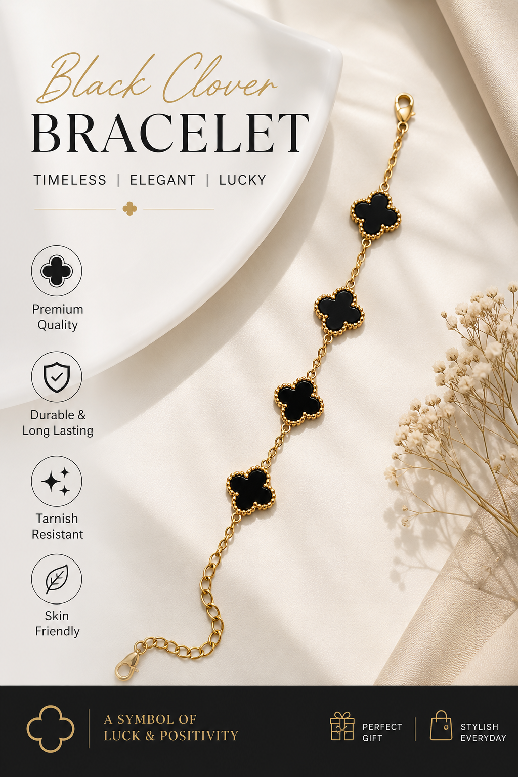 Clover Charm Bracelet – Gold Stainless Steel | 5 Elegant Colors