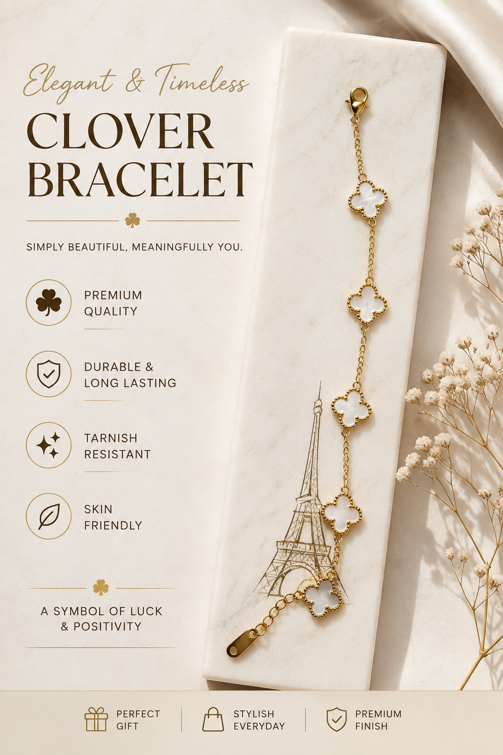 Clover Charm Bracelet – Gold Stainless Steel | 5 Elegant Colors