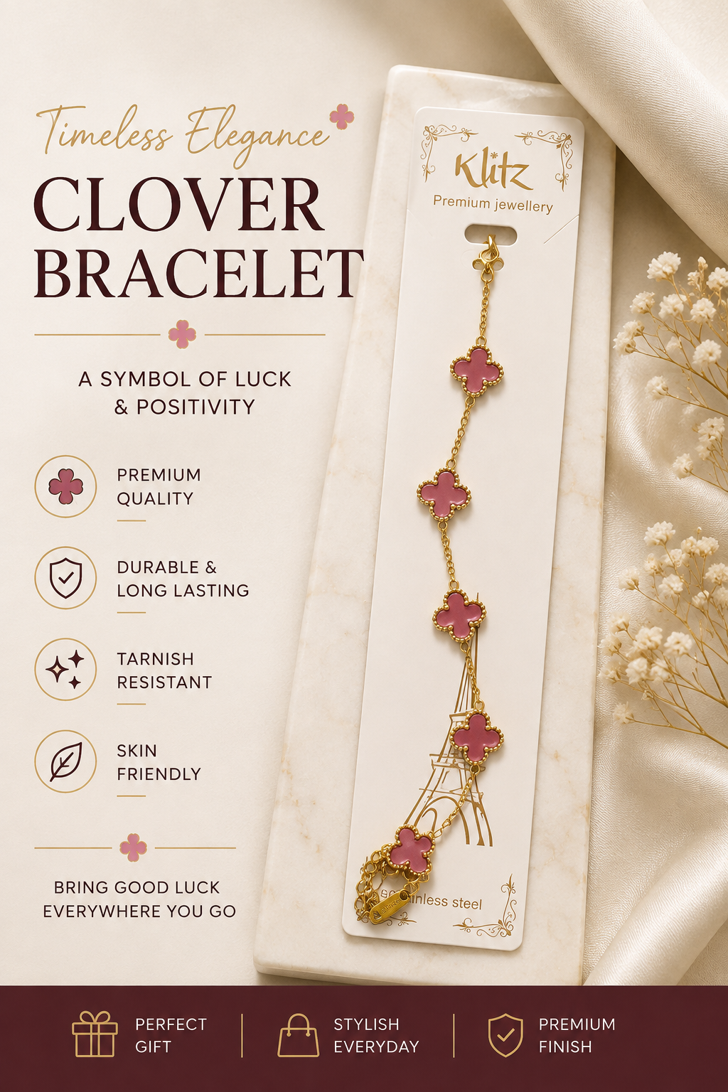 Clover Charm Bracelet – Gold Stainless Steel | 5 Elegant Colors