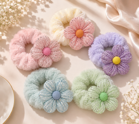 Pastel Floral Fuzzy Scrunchie