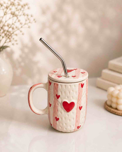 Heart Stripe Ceramic Tumbler with Lid & Straw