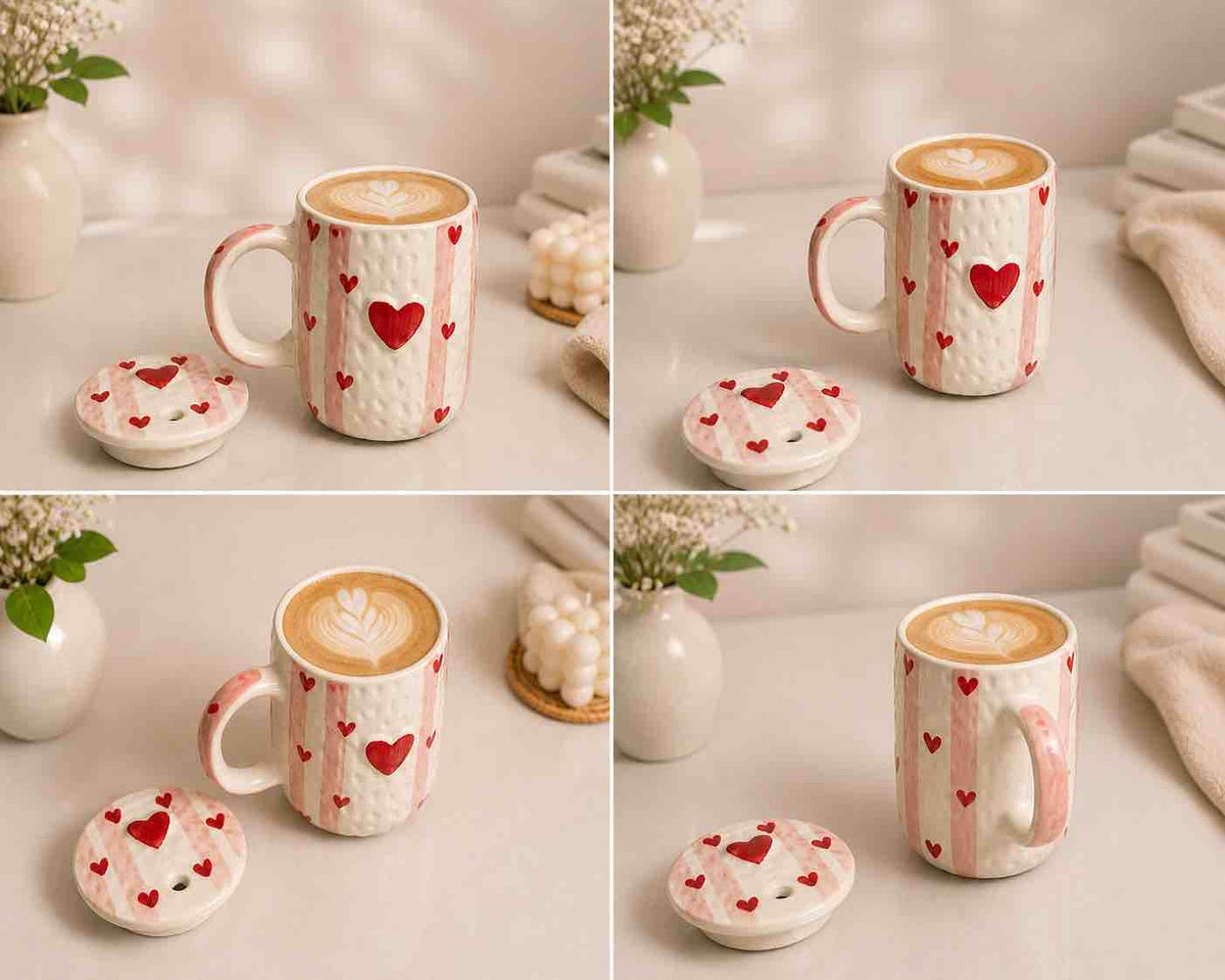 Heart Stripe Ceramic Tumbler with Lid & Straw