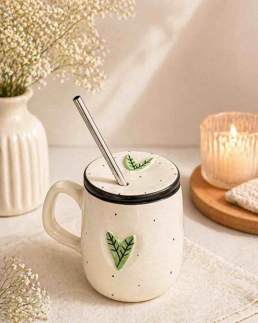 Green Heart Ceramic Tumblers with Lid & Straw
