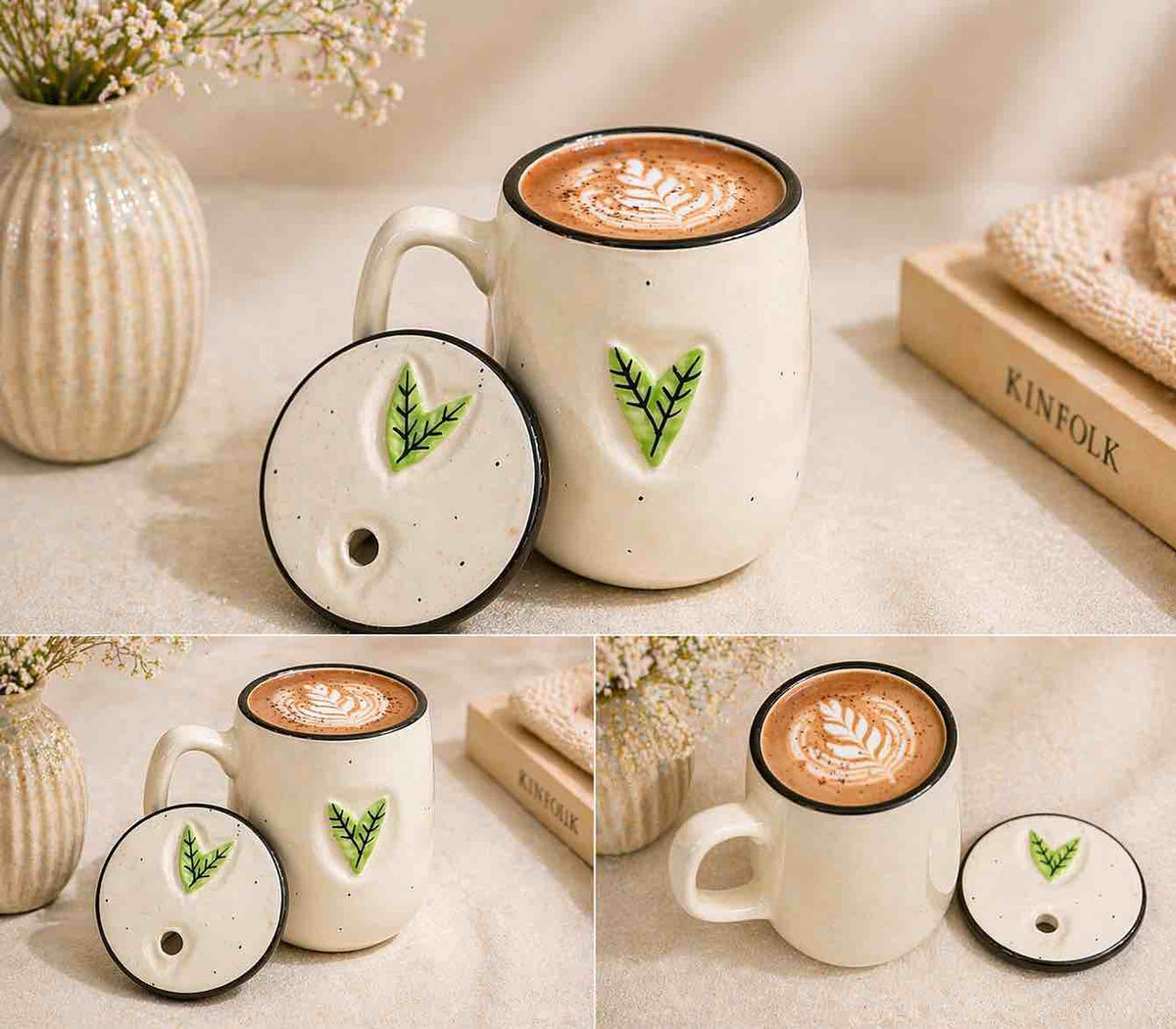 Green Heart Ceramic Tumblers with Lid & Straw