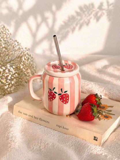 Strawberry Pink Stripe Ceramic Tumbler with Lid & Straw