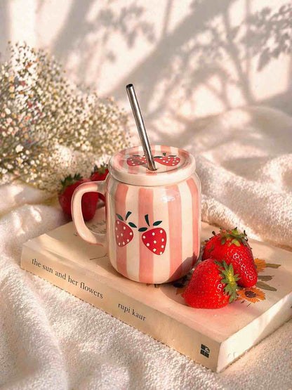 Strawberry Pink Stripe Ceramic Tumbler with Lid & Straw