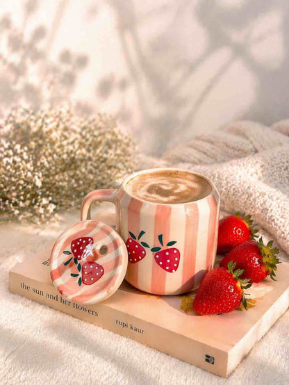 Strawberry Pink Stripe Ceramic Tumbler with Lid & Straw