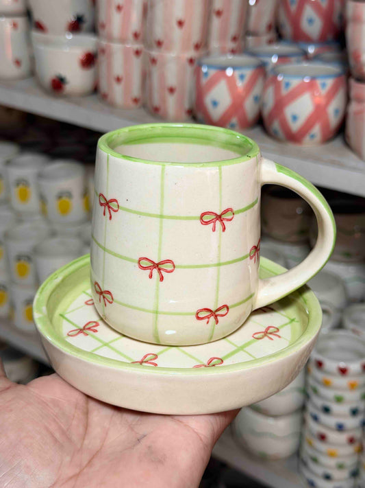 Checked Bow Green Mug and Saucer