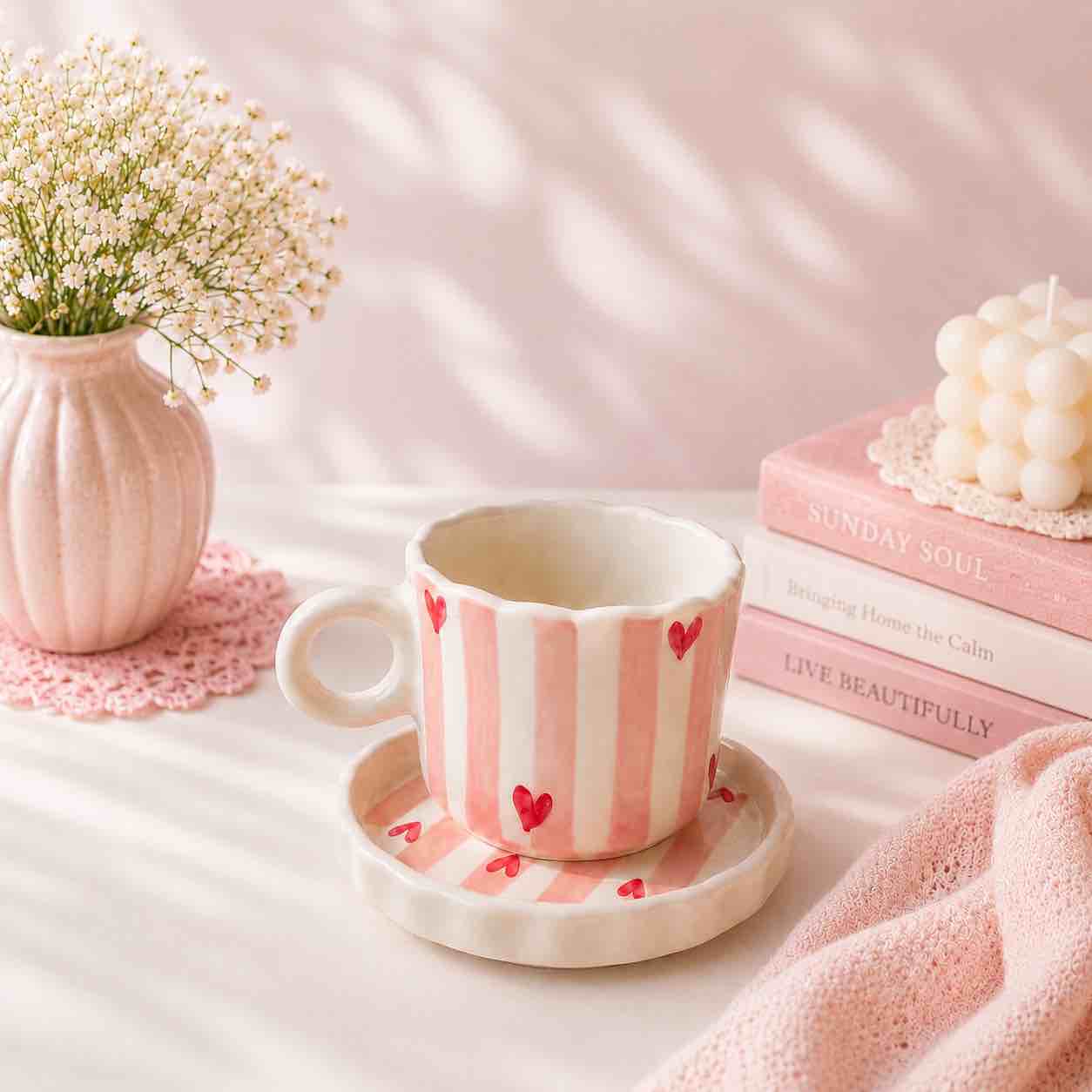 Checked Heart Mug & Saucer