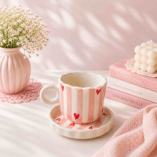 Checked Heart Mug & Saucer