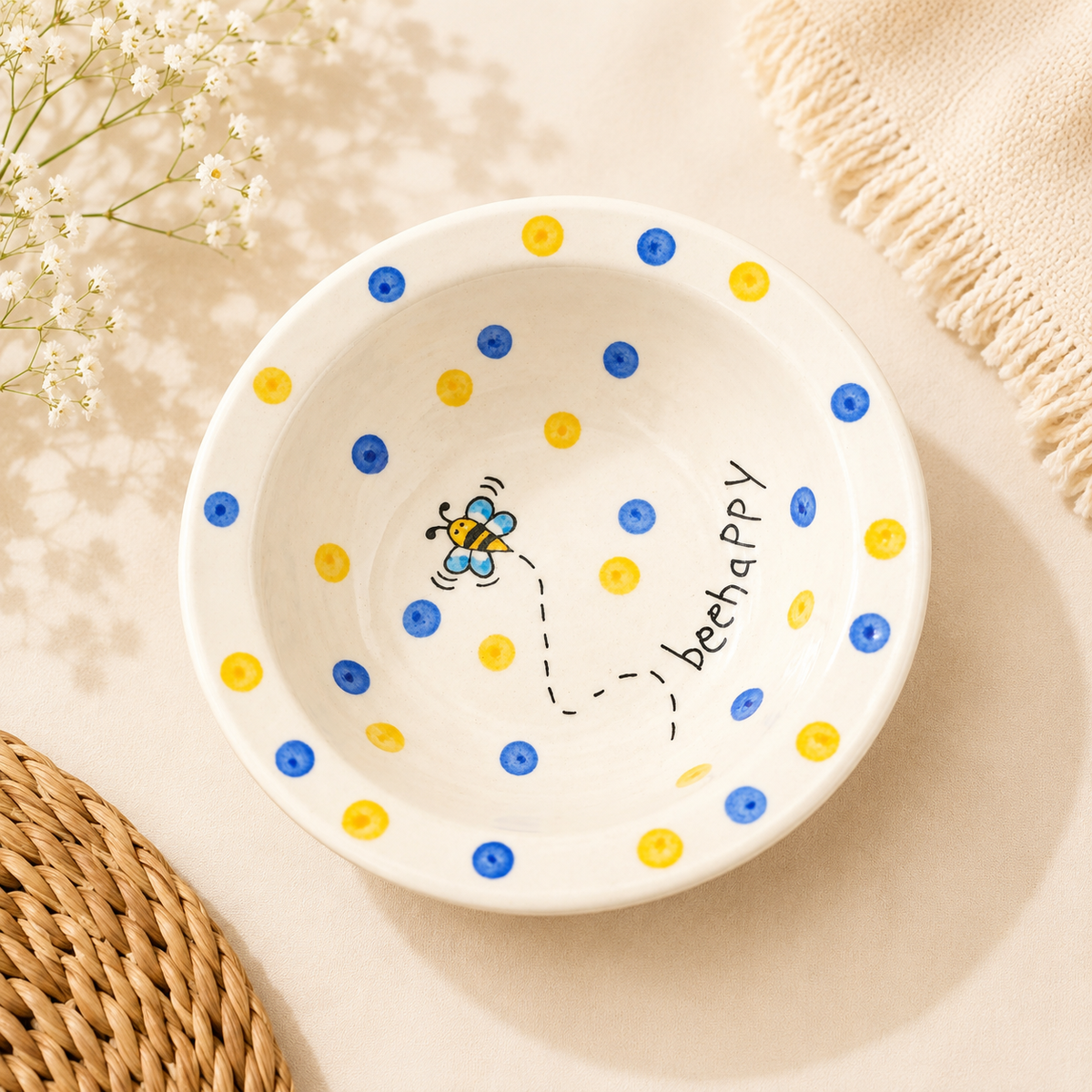 White ceramic bowl with bee happy design