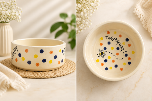 Bee Happy cream ceramic pet bowl with colorful polka dots