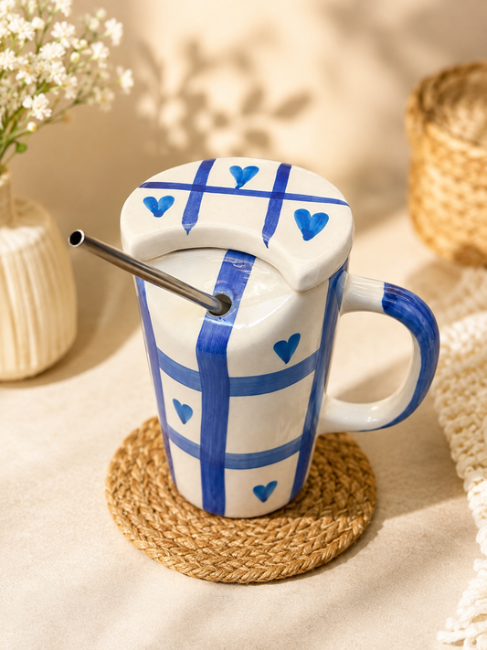 Blue heart plaid ceramic mug with lid and metal straw