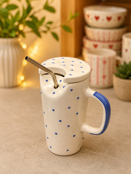 Cream ceramic mug with blue polka dots, lid and stainless steel straw