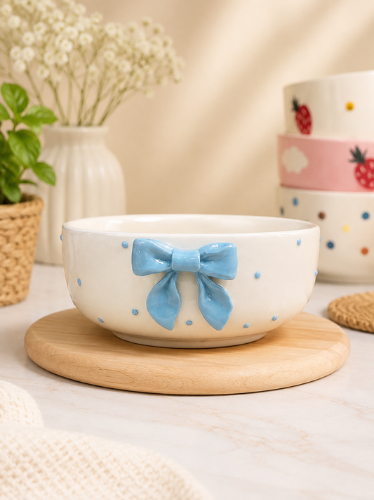 White ceramic bowl with blue bow