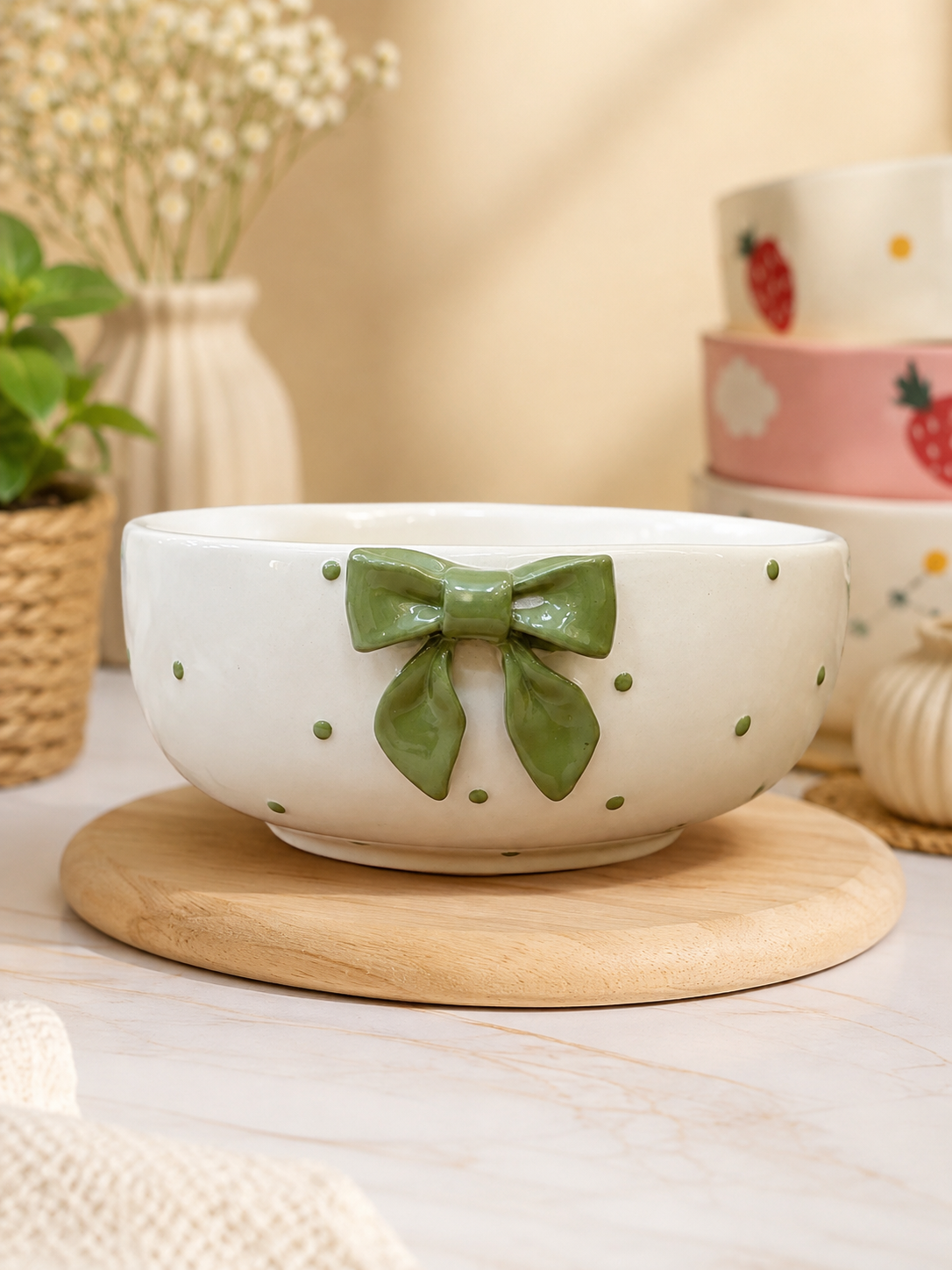 White ceramic bowl with green bow