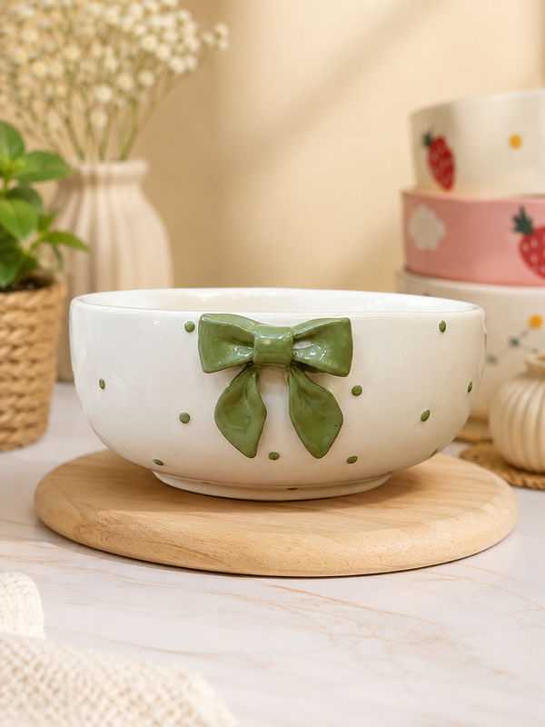 White ceramic bowl with green bow