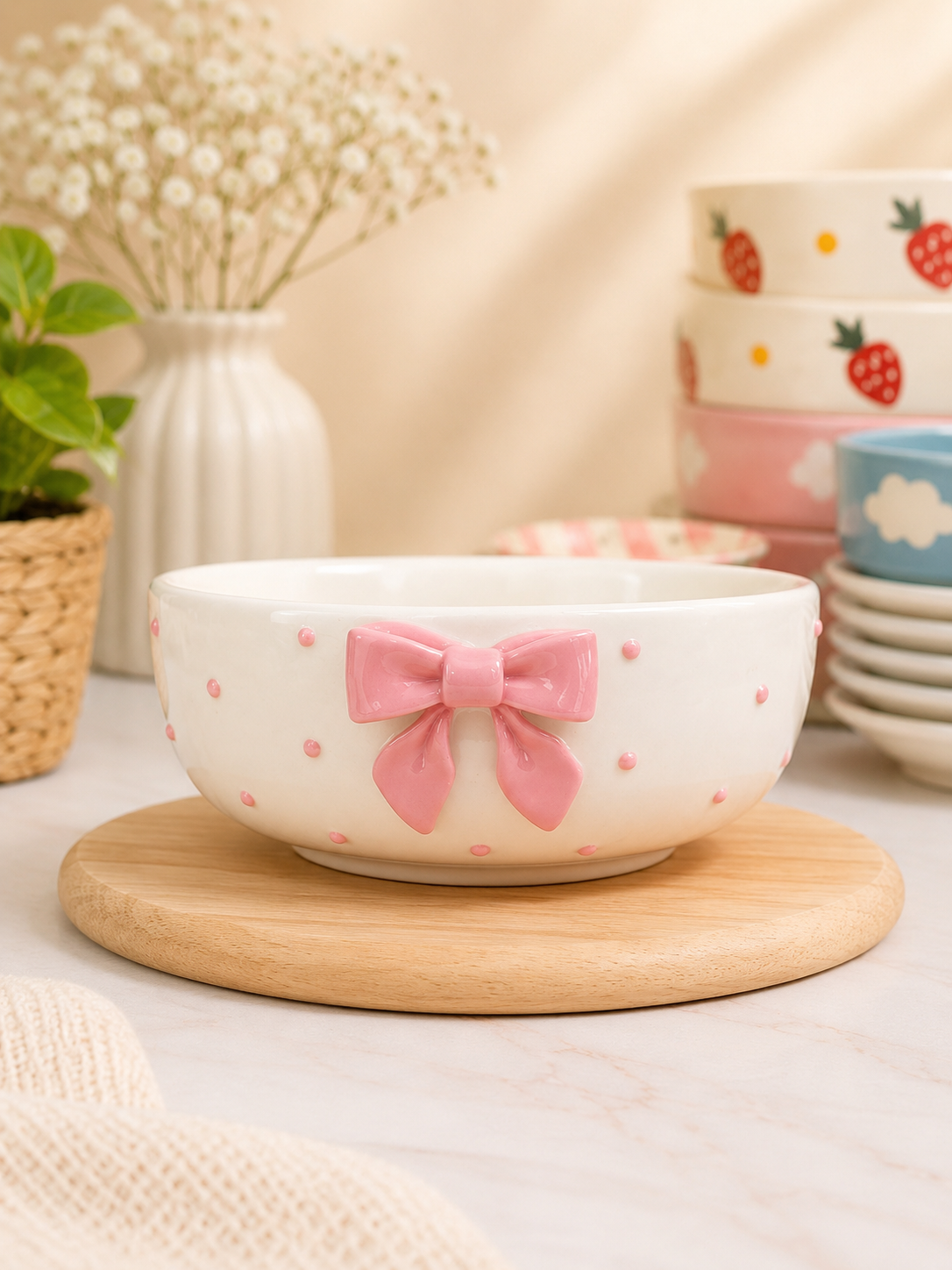 White ceramic bowl with pink bow