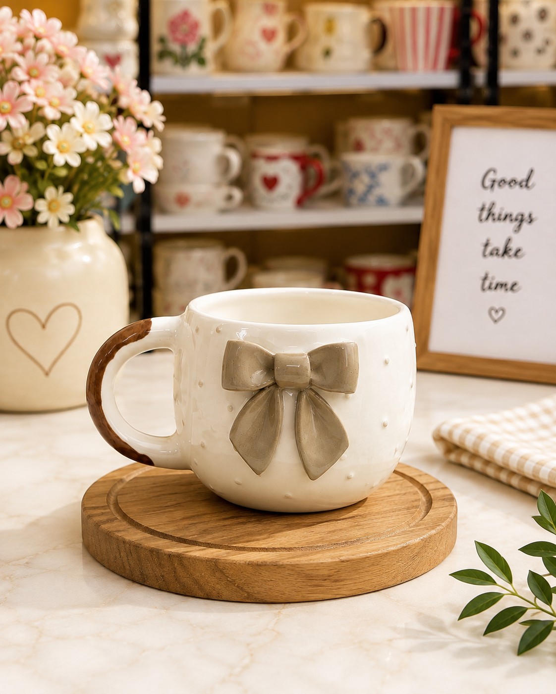 Elegant cream ceramic mug with raised bow design on wooden coaster