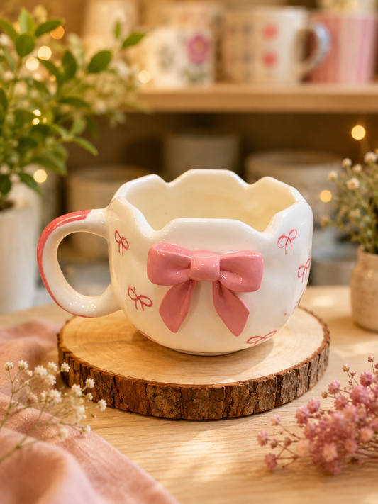 Pink bow ribbon ceramic mug with 3D bow