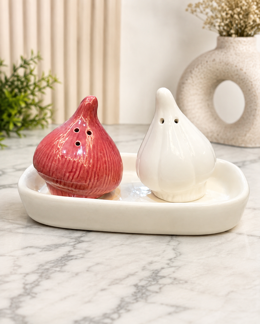 Ceramic garlic shaped salt and pepper shaker set