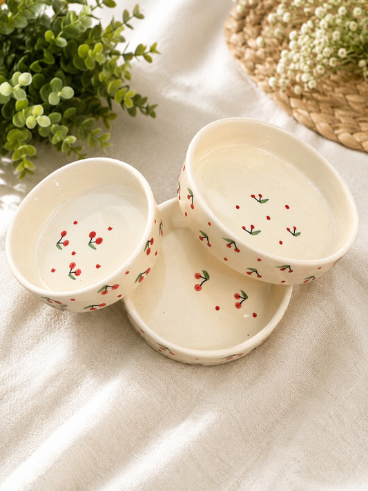 Set of three cream ceramic bowls with cherry pattern
