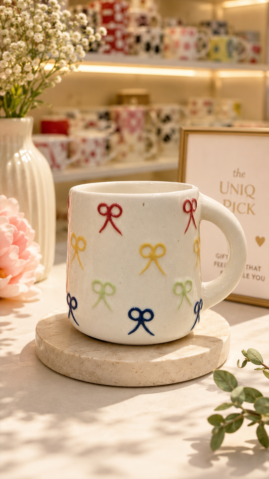 Cream ceramic mug with colorful bow design