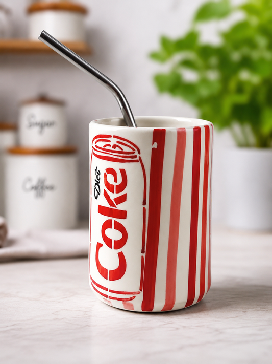 Red and white Diet Coke inspired ceramic mug with stainless steel straw