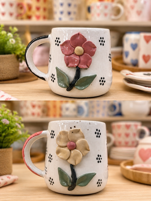 Handcrafted floral ceramic mugs - yellow flower and pink flower variants