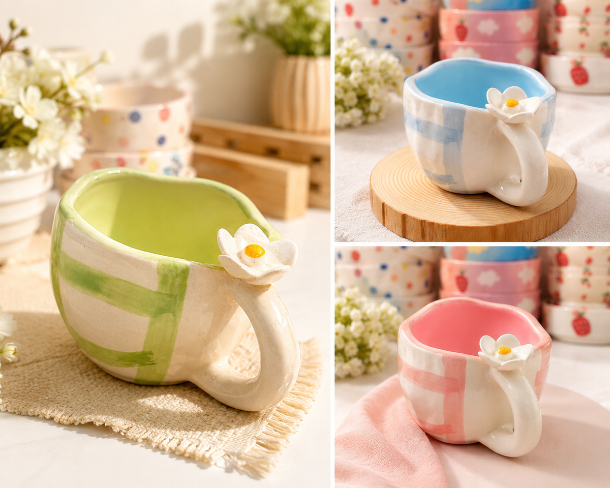 Pastel flower handle ceramic cup in green, blue and red