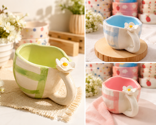 Pastel flower handle ceramic cup in green, blue and red