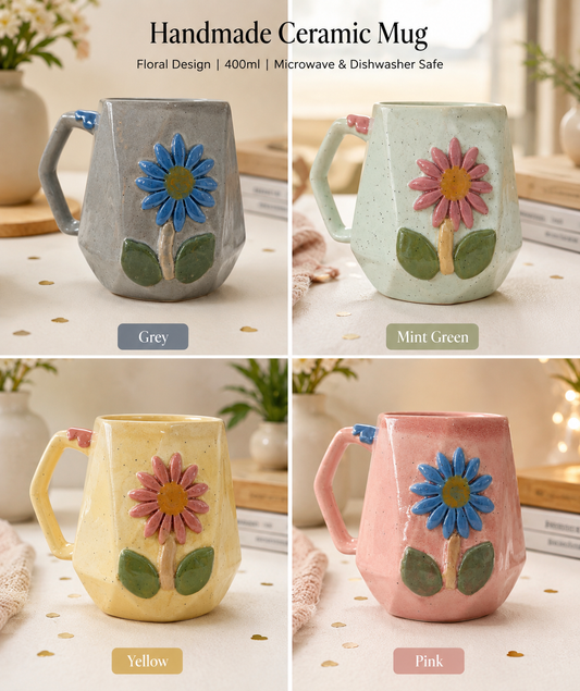 Handmade floral ceramic mugs in four colours
