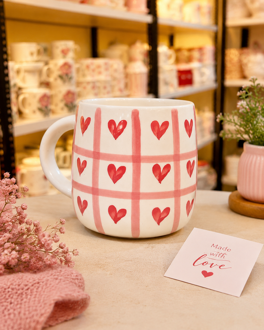 Pink heart checkerboard ceramic mug