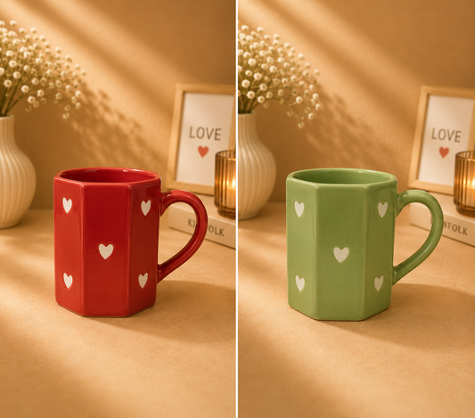 Red, blue and green heart ceramic mugs
