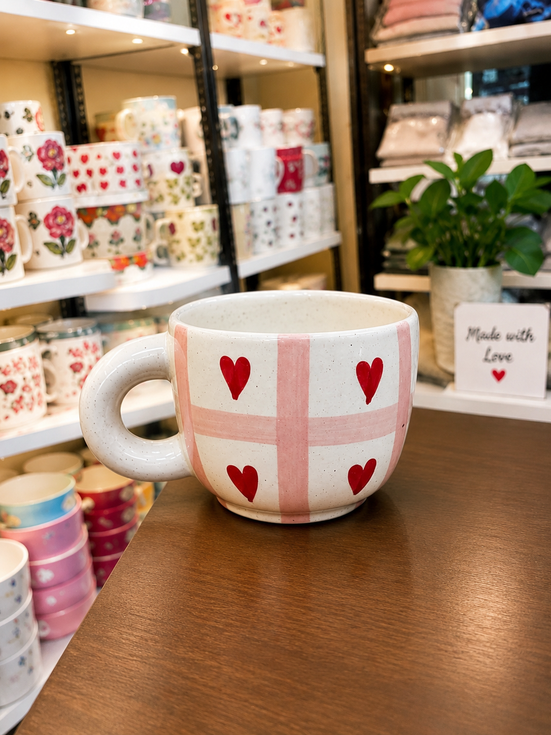 Pink plaid ceramic mug with red hearts