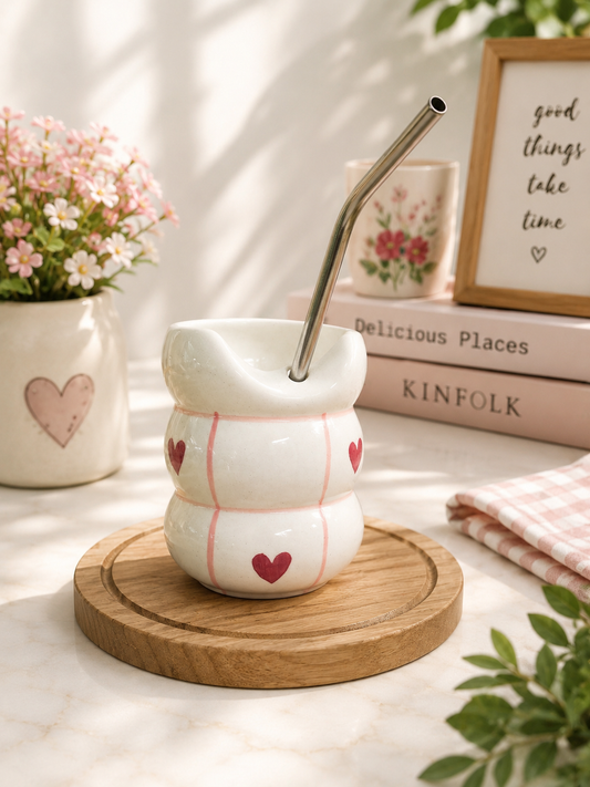 Heart striped ceramic cup with stainless steel straw