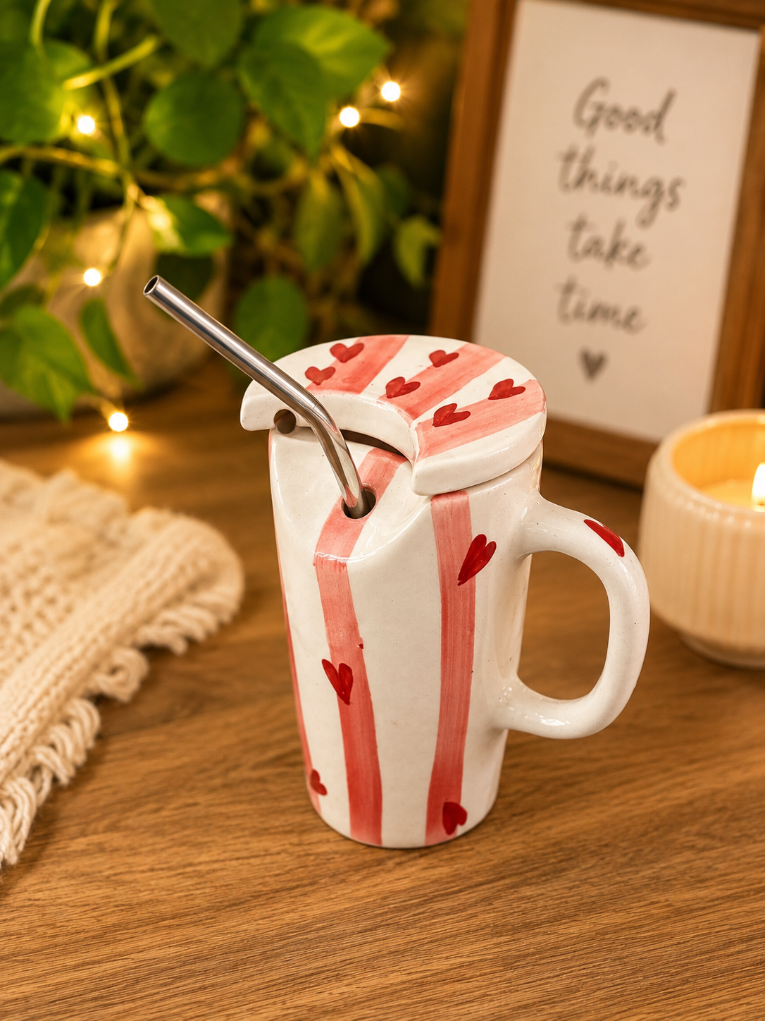 Pink striped heart ceramic mug with matching lid and stainless-steel straw