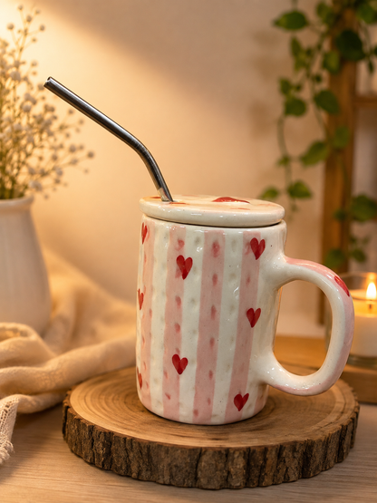 Heart striped ceramic mug with lid and straw